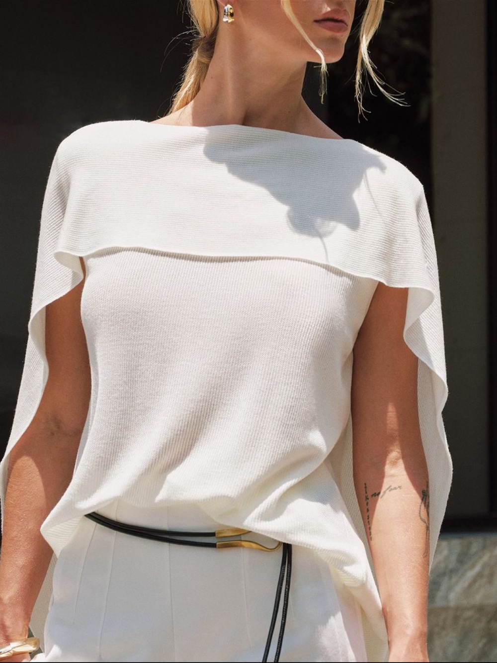 Commense White Boatneck Cape Sleeve Top